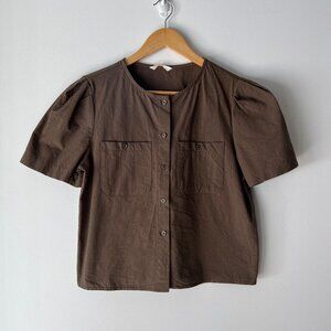 Pocket Short Sleeve Puff Blouse - Brown from Amour moier
